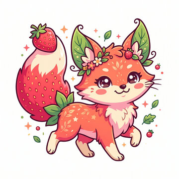 Adorable fox with strawberry shaped tail and leaf ears