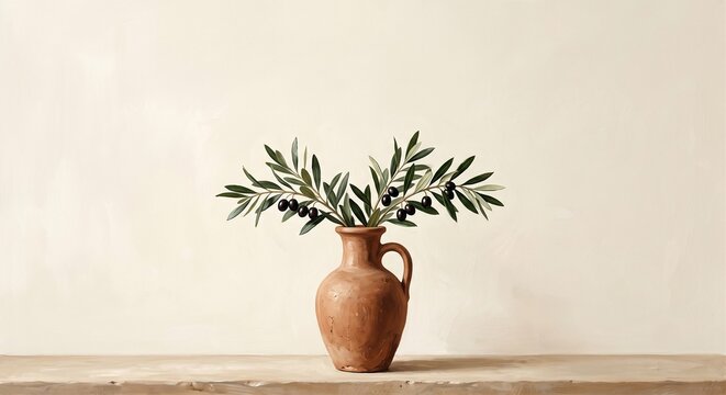 Minimalist terracotta amphora vase with olive branch on ivory background