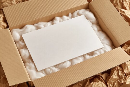 Cardboard shipping box with protective packing material and white card