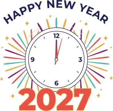 Midnight clock with fireworks for happy new year event.