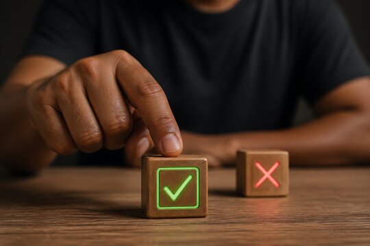 Person choosing between correct green checkmark and red cross wood blocks