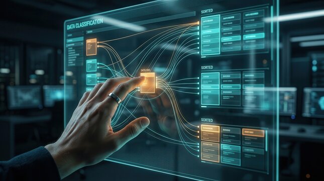 Human hand interacting with a holographic data classification panel showing sorted records.