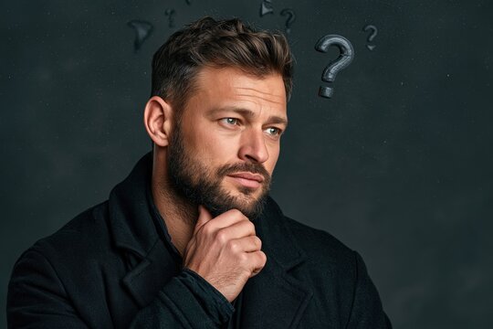Thoughtful man pondering decision with question marks in dark studio
