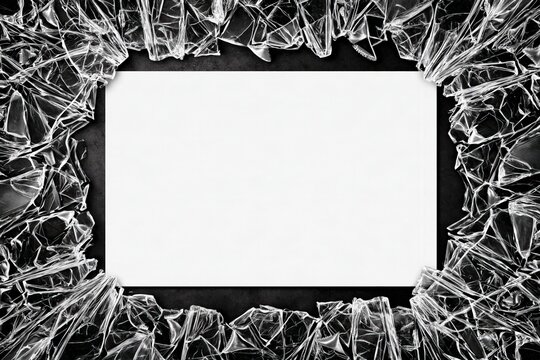 Cracked glass frame border with blank white paper on black background