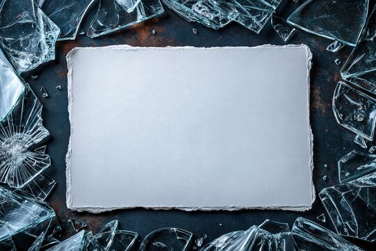 Blank paper frame surrounded by broken glass shards on dark background