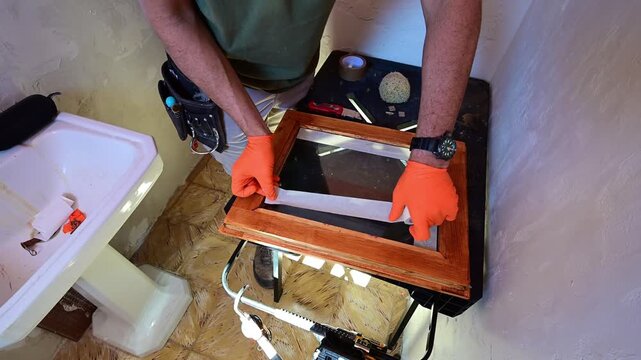 Worker preparing a wooden window frame for painting