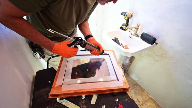 Man applying silicone sealant to a wooden frame