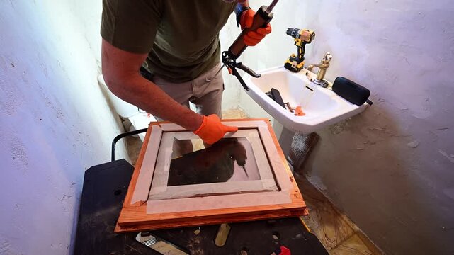 Man applying silicone sealant to a wooden window frame in a bathroom