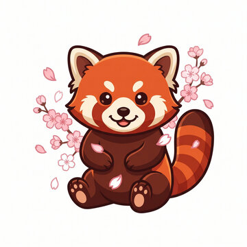 red panda surrounded by cherry blossom petals