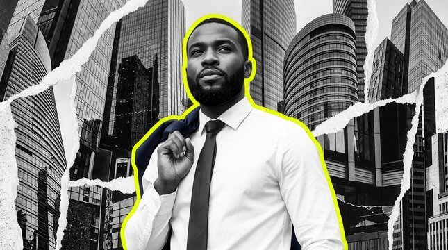 Confident Black male executive in early adulthood holding a jacket over his shoulder.