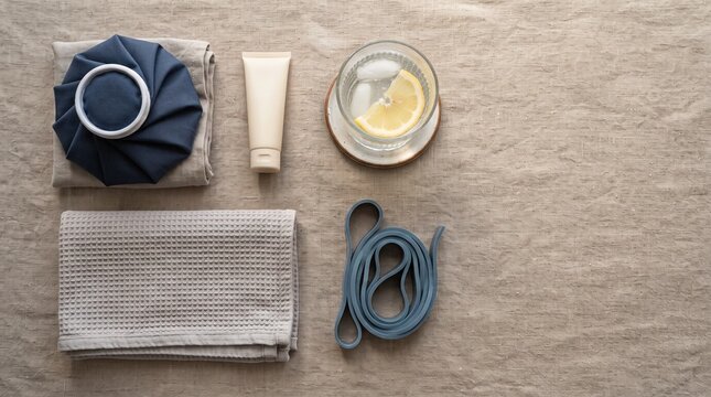 Post workout recovery essentials with ice pack towel and water flat lay