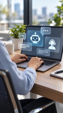 Person using laptop with artificial intelligence chatbot customer service support interface.