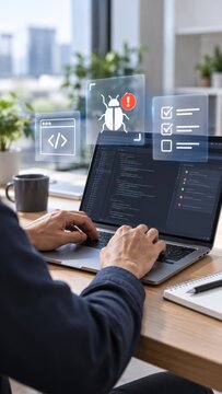 Software developer fixing code bugs using laptop interface icons visualization professional programmer solving software bugs on computer screen.