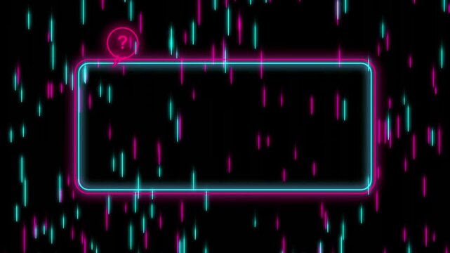 Neon glowing frame with question mark icon and digital rain background, for tech presentations border