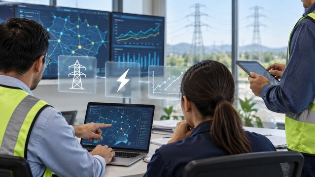 Electrical engineers monitoring smart grid power systems in control center office.