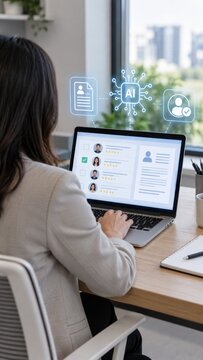 Professional recruiting manager using artificial intelligence software for automated candidate screening and hiring process optimization.