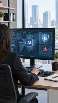 Professional female software engineer analyzing cybersecurity threats and artificial intelligence technology systems on computer monitor.