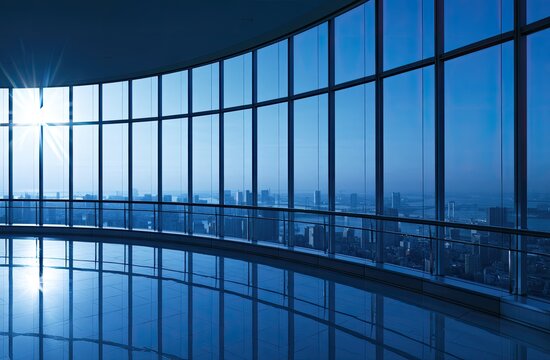 Modern, empty office space with panoramic city views and bright sunlight