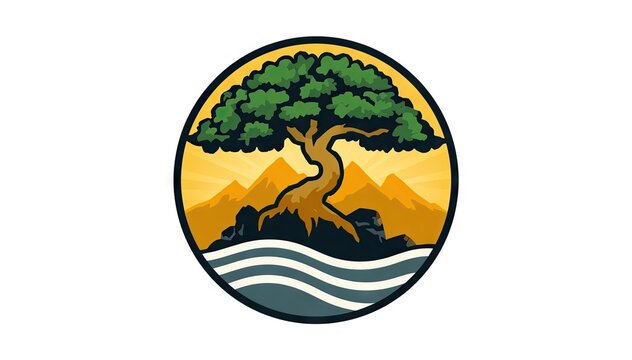 Circular emblem featuring green tree, mountains and waves