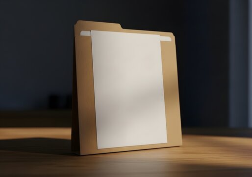 A single document folder with a blank white paper inside, standing on a wooden table.