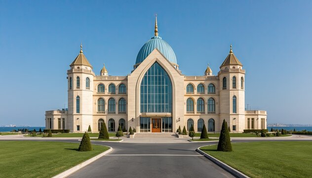 Grand beige mansion with blue dome and conical towers on green lawn