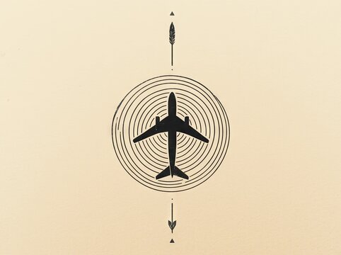 Black airplane silhouette inside concentric circles with arrow on beige