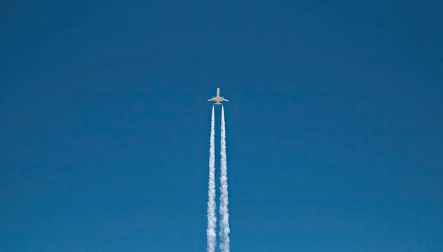 Airplane flying high with white contrail across clear blue sky