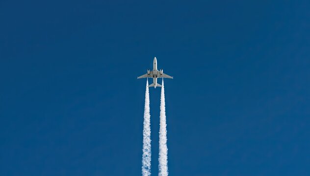 Airplane flying high leaving white contrails in blue sky