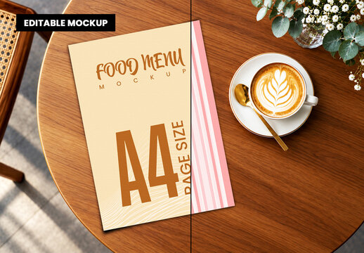A4 Food Menu Mockup on Wooden Table