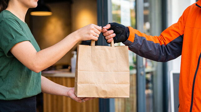 Delivery courier in green jacket receiving paper bag over kitchen counter from restaurant staff