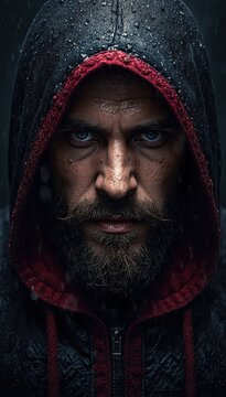 Hooded bearded man with mustache staring from shadows