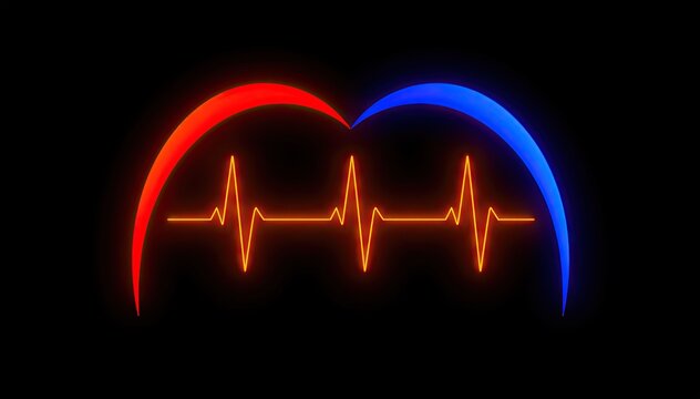 Red and blue neon heart arcs with heartbeat line