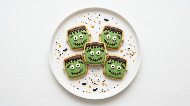 Delicious assortment of cute Halloween cookies on a white plate featuring a ghost pumpkin bat spider and monster for festive holiday celebrations