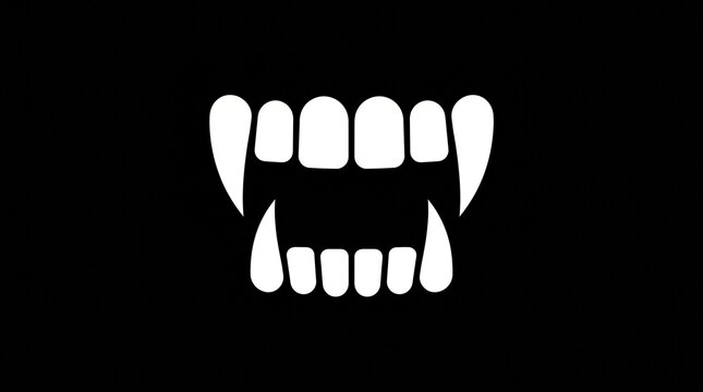 Minimalist white vampire teeth icon on black background for horror or Halloween design projects