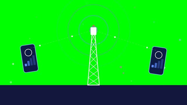 Telecommunication tower animation with signal waves on green screen, wireless network connectivity between cell tower and mobile smartphones