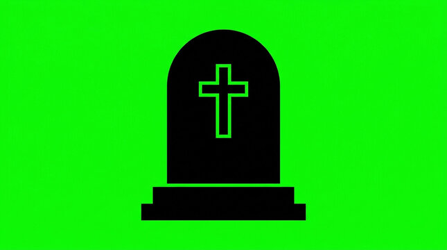Black tombstone with cross icon on green screen for design projects and memorial themes