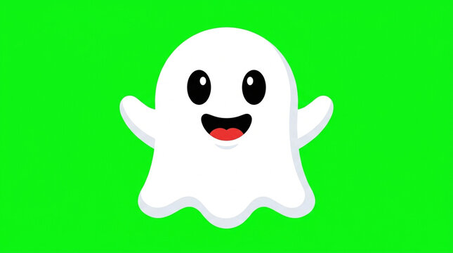 Cute cartoon ghost character with smiling face on green screen for Halloween or festive design projects