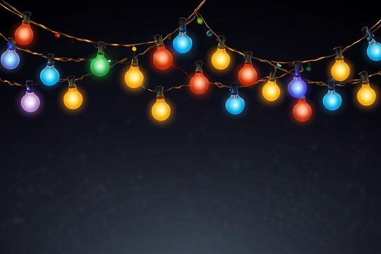 Christmas lights garland with colored star and bulbs. Xmas festive string decoration with hanging retro ball. Glowing string with lamps for holiday cards, banners, posters, web. Vector illustration