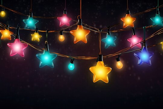 Christmas lights garland with colored star and bulbs. Xmas festive string decoration with hanging retro ball. Glowing string with lamps for holiday cards, banners, posters, web. Vector illustration