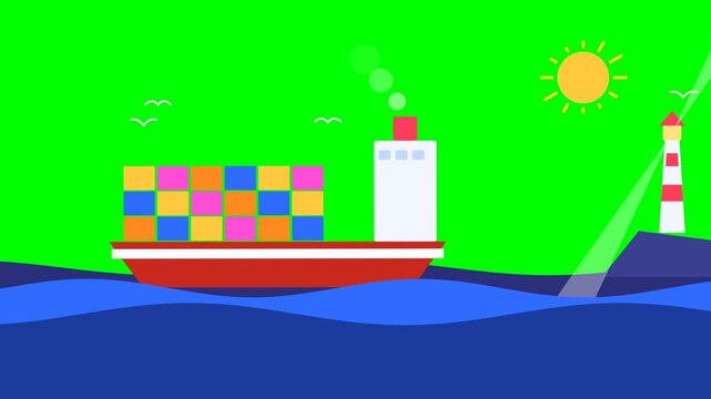 Flat 2D cartoon cargo ship animation on green screen, colorful container vessel sailing on ocean waves, nautical maritime logistics concept