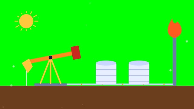 Oil pump jack animation on green screen, industrial petroleum extraction rig with storage tanks, fossil fuel energy production concept