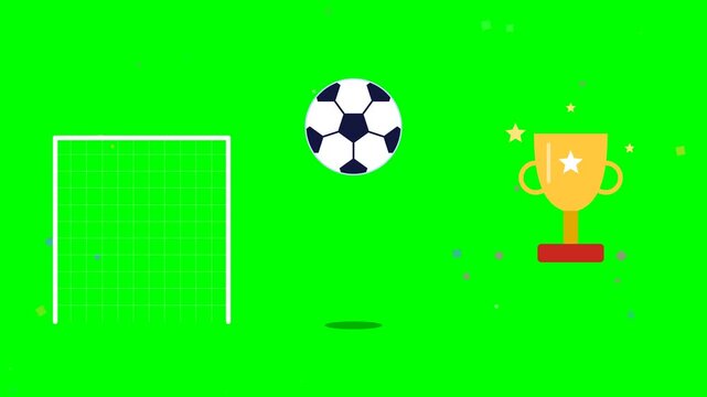 Soccer animation set on green screen, flat style football goal and bouncing ball, golden winner trophy with sparkling stars for sports broadcast