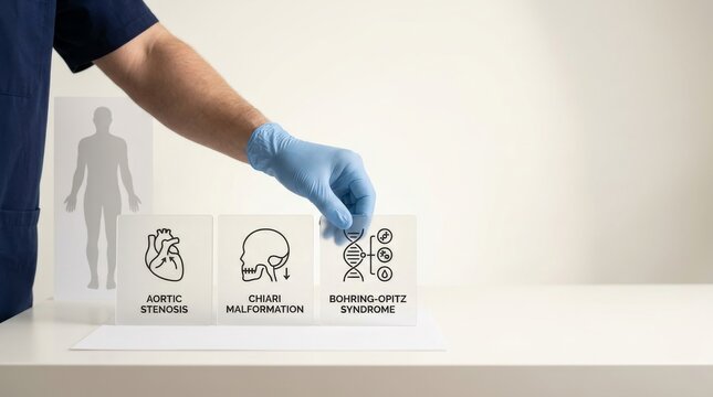 Gloved hand selecting clinical card for bohring opitz syndrome diagnostic testing setup