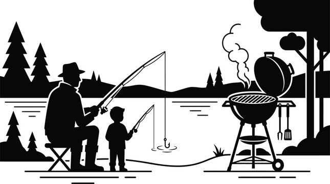 Man teaching child fishing near grill