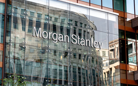 London. UK- September 23.2026. A close up of the Morgan Stanley name sign on its UK and European headquarters on 20 Bank Street, Canary Wharf.