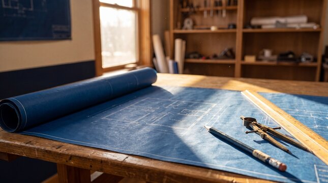 Blueprint with drafting tools on a workbench as a metaphor for building something new