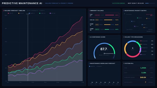 Explore an advanced AI predictive maintenance dashboard designed for forecasting machine failures and setting maintenance priorities with dynamic visualizations and animations.