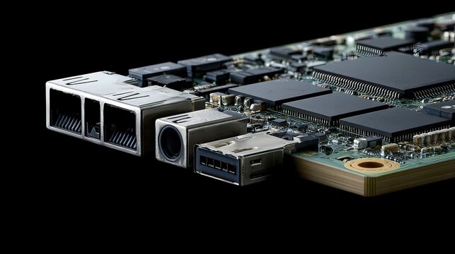 Close-up of Electronic Circuit Board with Ports and Chips Showcasing Modern Technology and Digital Innovation