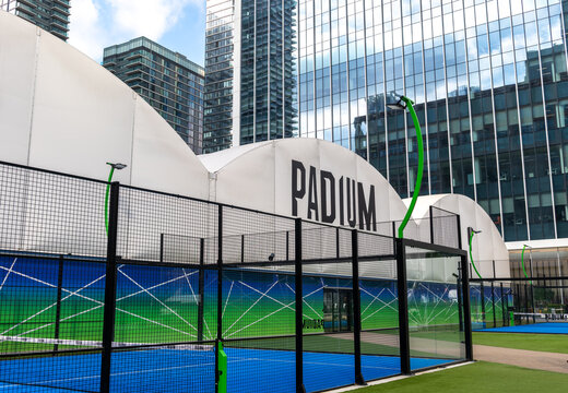 London. UK- September 23.2026. A street view of Padium, an indoor padel club situated on 10 Bank Street, Canary Wharf.