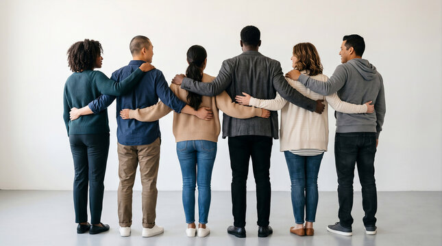 Group of diverse people standing together with arms around each other back view